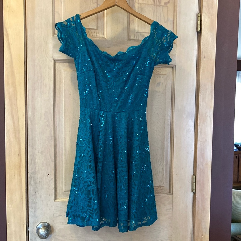 Teal Lace Sequin Dress